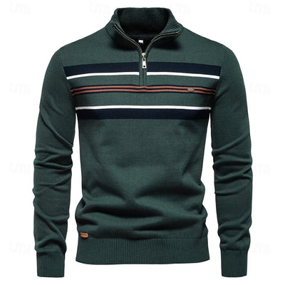 Cotton Knit Striped Quarter Zip Pullover Sweater