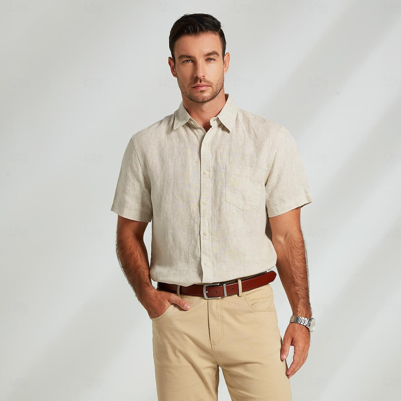 100% Linen Khaki Left Pocket Shirt