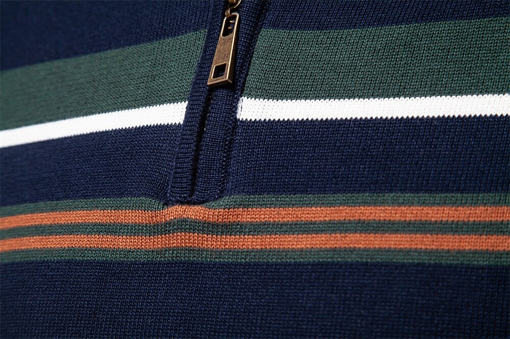 Cotton Knit Striped Quarter Zip Pullover Sweater