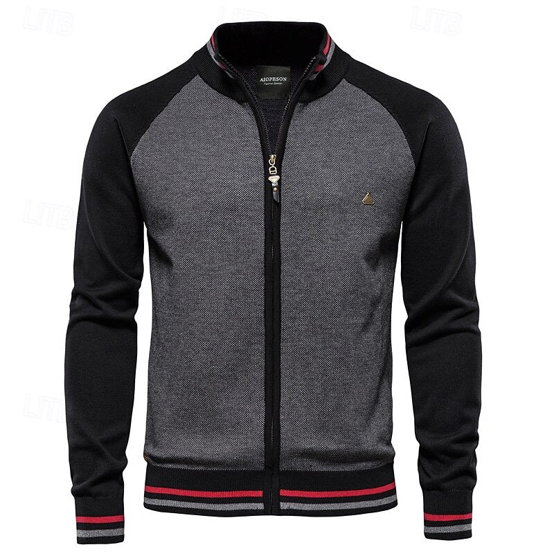 Zipper Color Block Standing Collar Cardigan Sweater